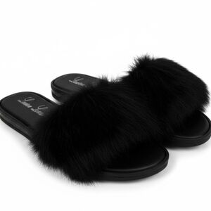 Lauren Lorraine Black Faux Fur Slippers